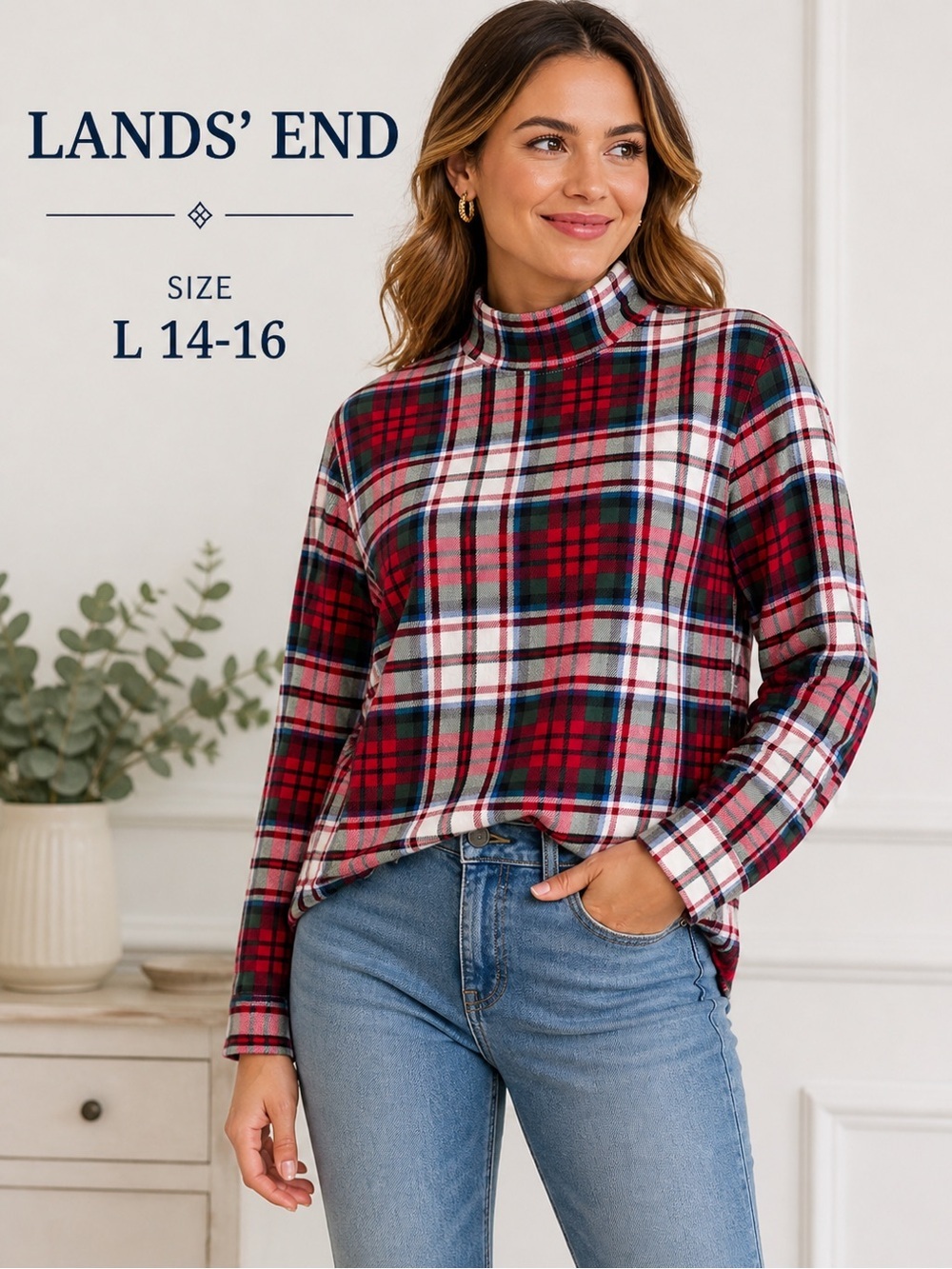 Lands’ End Plaid Mock Neck Top Size L 14-16 Red Green Holiday Classic